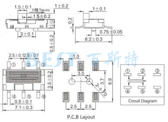 微型撥動開關MSS-22C01參考圖紙